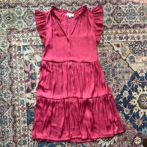 LOFT Vibrant Pink Satin Ruffle Detail Pleated Tiered Dress, Size Small